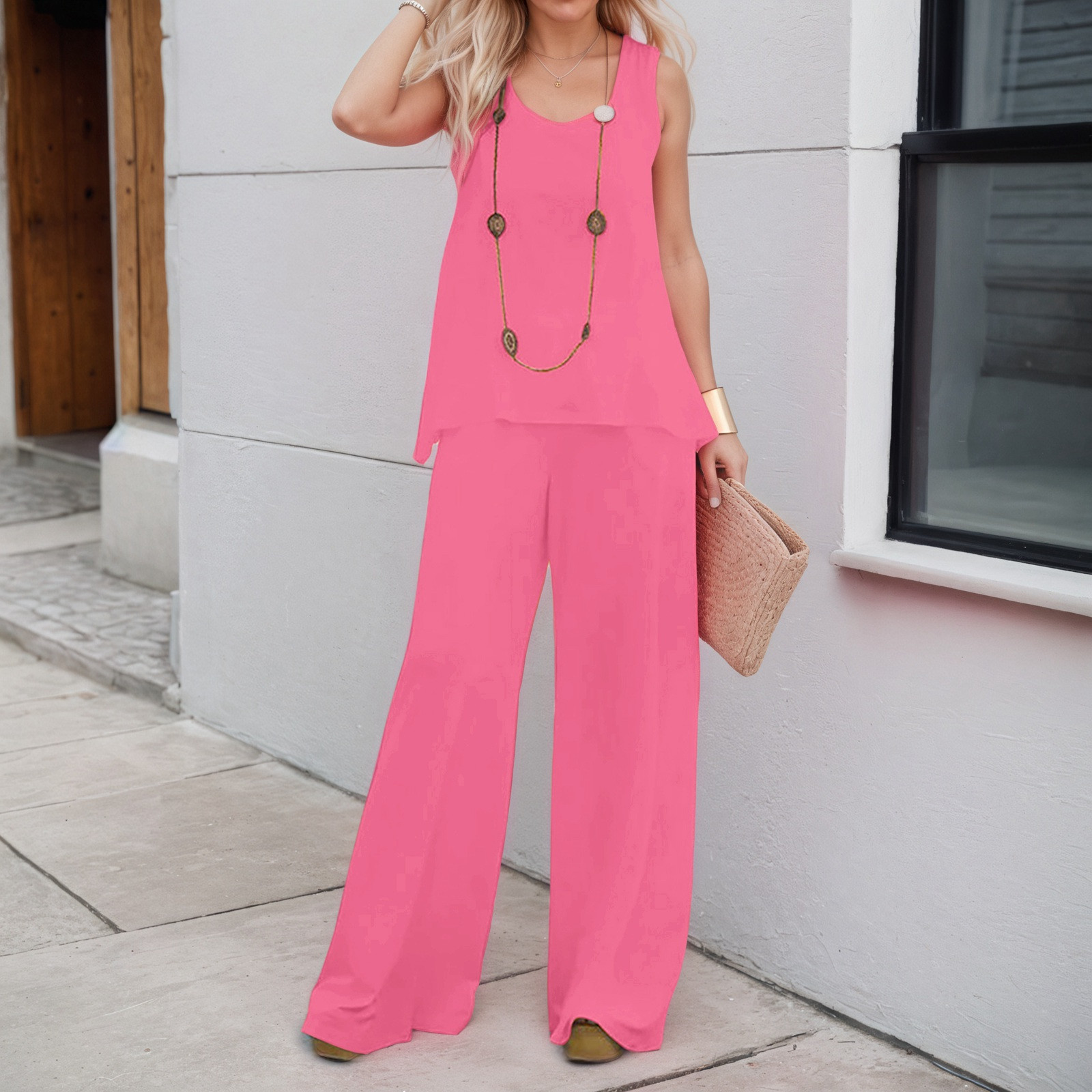 thumbnail image 2 of Conjunto de 2 piezas para mujer: chaleco sin mangas y pantalones anchos, estilo boho informal, color liso, mezcla de poliéster y spandex, 2 of 5